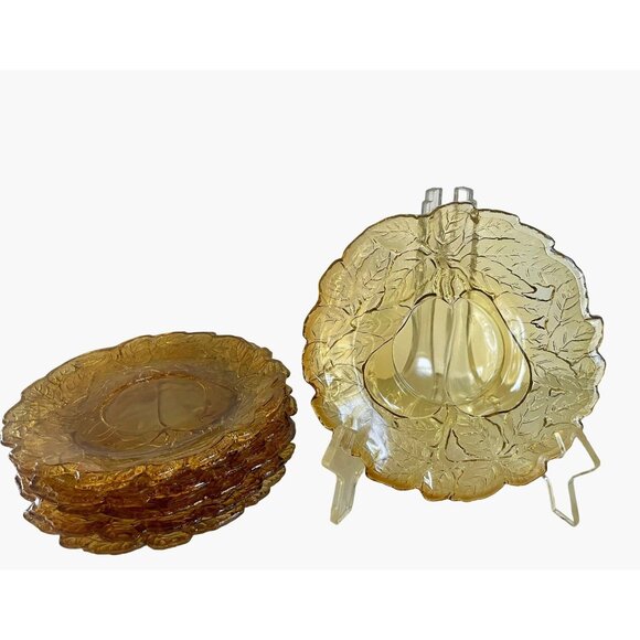 Vintage 70s Tiara Glass Dark Amber Burnt Honey Sweet Pear Saucers plates 4 pcs. - Picture 4 of 9